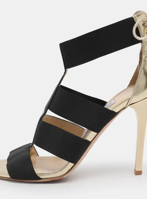 Jimmy Choo Gold/Black Leather And Elastic Cage Sandals Size 38.5