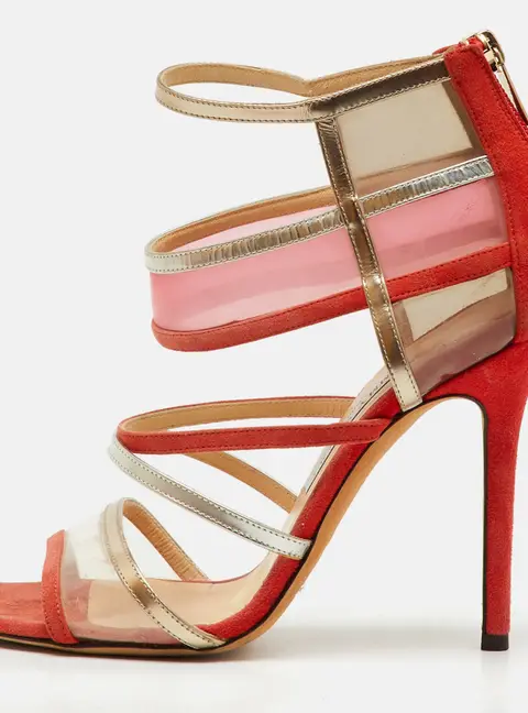 Jimmy Choo Orange/Metallic Suede, PVC and Leather Strappy Sandals Size 38