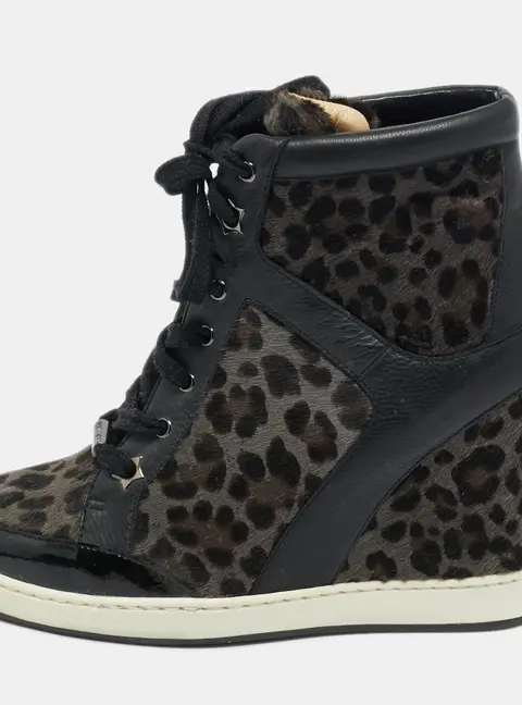 Jimmy Choo Brown/Black Leopard Print Calf Hair and Leather Wedge Sneakers Size 37