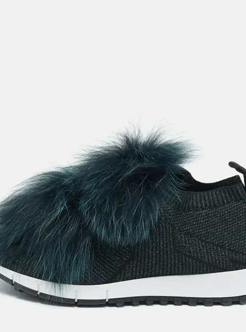 Jimmy Choo Green Fur and Lurex Fabric Norway Pom Pom Sneakers Size 36.5