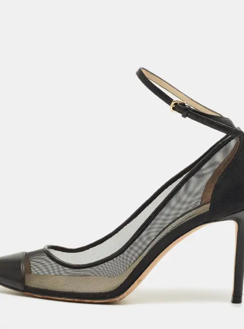 Jimmy Choo Black Leather and Mesh Tower Ankle Strap Pumps Size 37