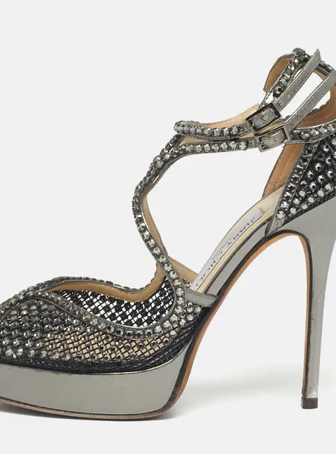 Jimmy Choo Metallic Silver Mesh And Leather Crystal Embellished Ankle Strap Sandals Size 38