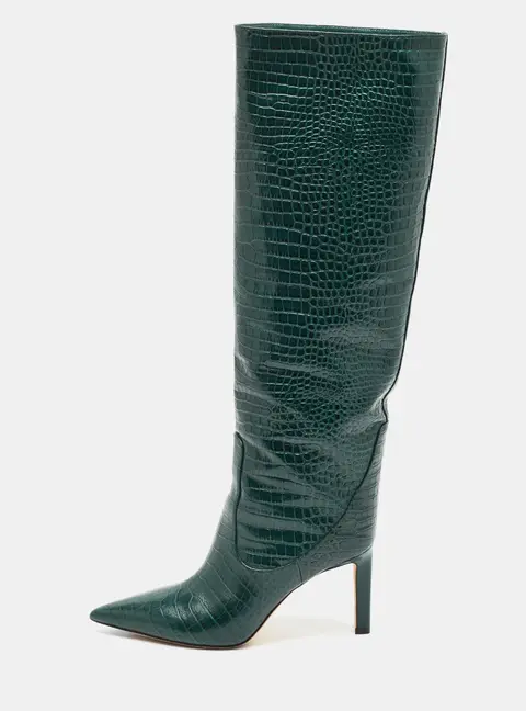 Jimmy Choo Mavis 85 Size 37.5 Green Croc Embossed Leather Knee Length Boots