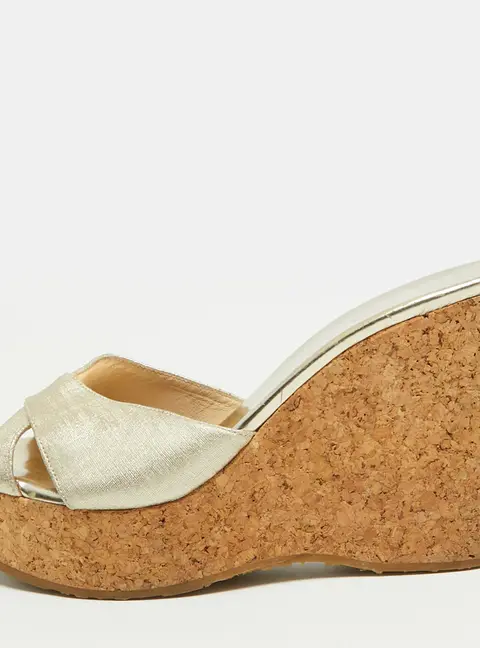 Jimmy Choo Prima Size 39.5 Gold Foil Leather Cork Wedge Sandals