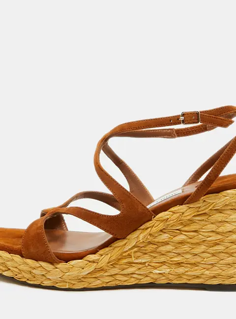 Jimmy Choo Ayla Size 39.5 Brown Suede Raffia Platform Wedge Sandals