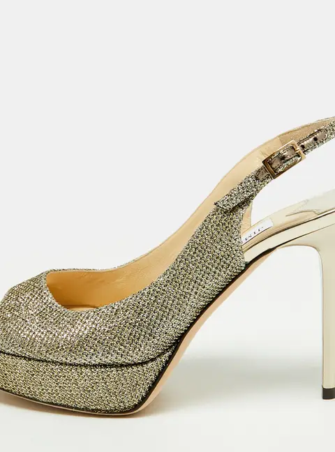 Jimmy Choo Verity Size 35 Metallic Lurex Fabric Peep Toe Platform Slingback Sandals