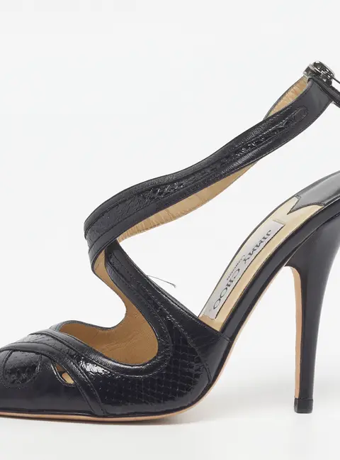 Jimmy Choo Size 35.5 Black Leather and Snakeskin Embossed Leather Criss Cross Ankle Strap Sandals