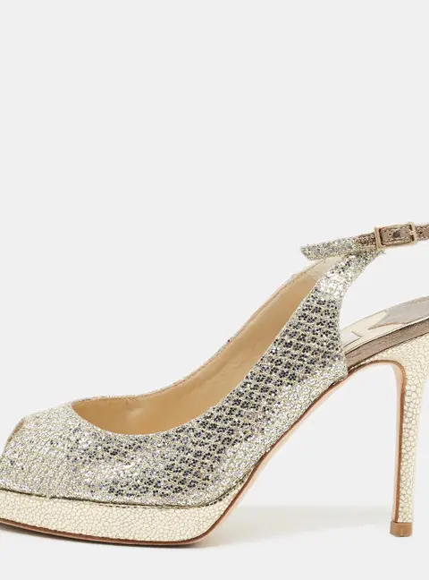 Jimmy Choo Nova Size 35 Gold Glitter Peep Toe Slingback Pumps