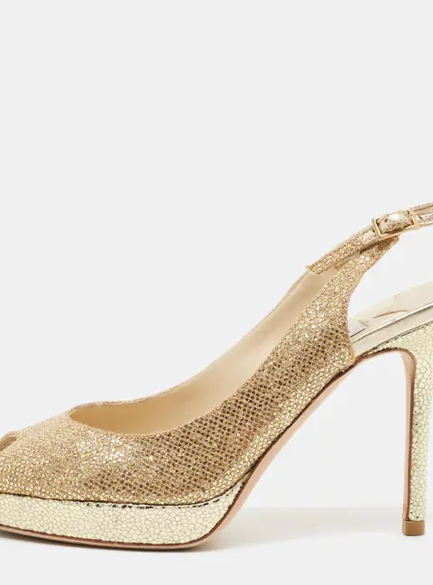 Jimmy Choo Verity Size 35 Gold Glitter Peep Toe Slingback Pumps