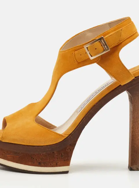 Jimmy Choo Size 37 Yellow Suede T-Strap Platform Sandals