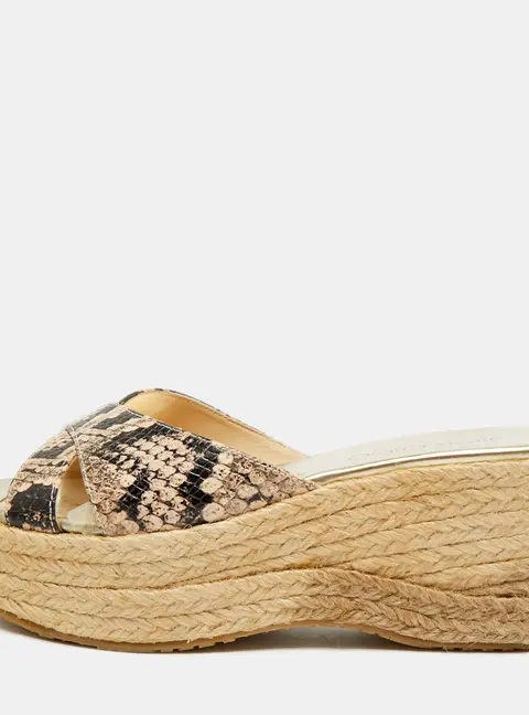 Jimmy Choo Dovina Size 37.5 Beige/Black Python Embossed Leather Espadrille Sandals
