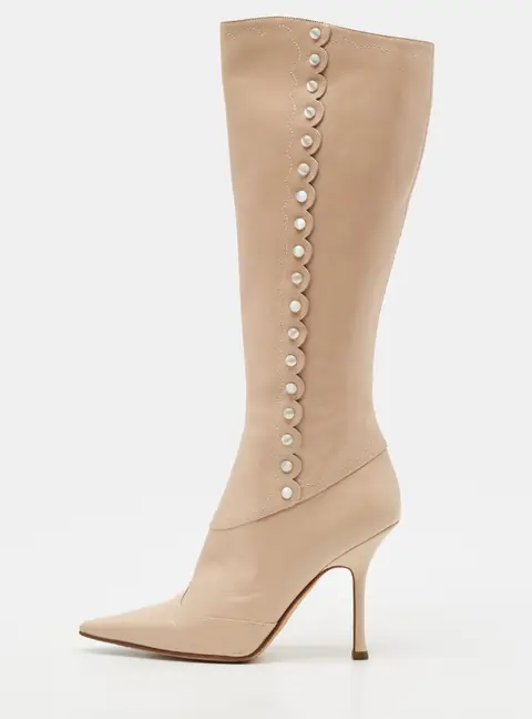 Jimmy Choo Size 37.5 Beige Leather Bead Details Knee Length Boots