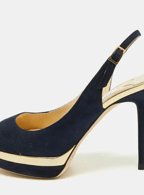 Jimmy Choo Size 35 Navy Blue/Gold Leather and Suede Peep Toe Slingback Pumps