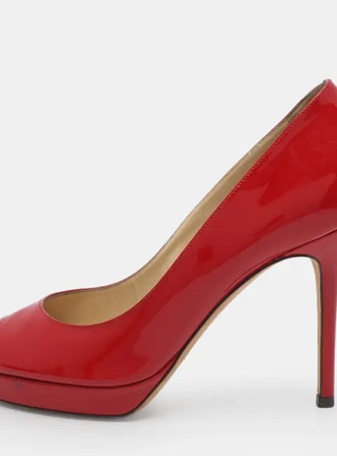 Jimmy Choo Luna Size 37 Red Patent Leather Peep Toe Pumps