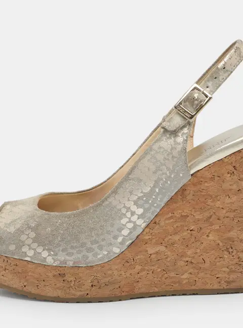 Jimmy Choo Prova Size 38 Grey/Metallic Suede Wedge Sandals