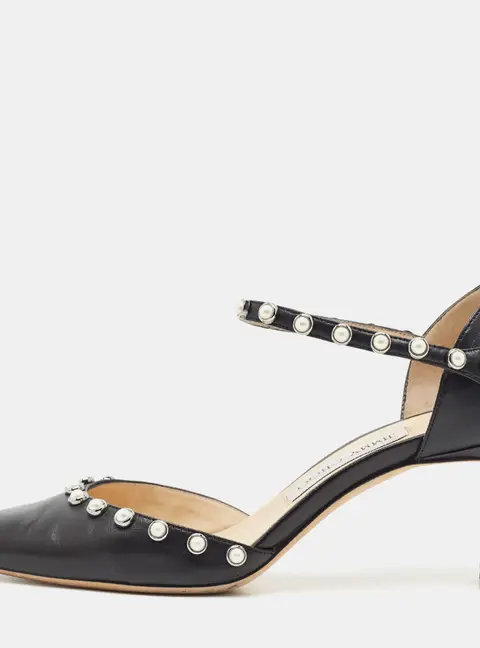 Jimmy Choo Size 38 Black Leather Pearl Embellished Mary Jane Pumps