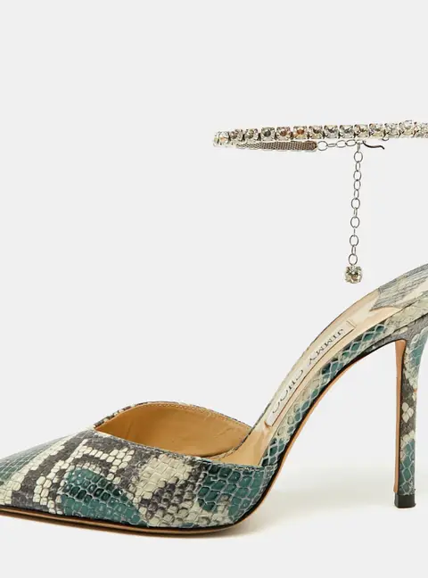 Jimmy Choo Saeda Size 37 Green/White Snakeskin Embossed Leather Pumps