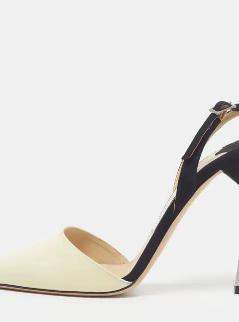 Jimmy Choo Lucy Size 36.5 Off White/Black Patent Leather and Suede Slingback Pumps