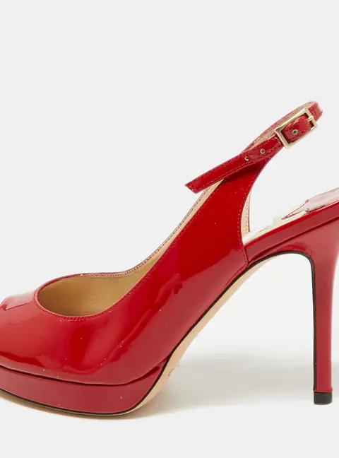 Jimmy Choo Clue Size 35 Red Patent Leather Peep Toe Slingback Pumps