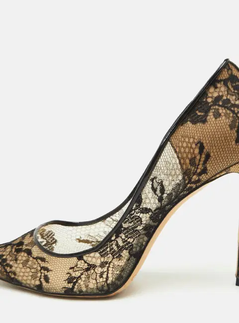 Jimmy Choo Romy Size 38 Black Lace and Mesh Pointed Toe Pumps