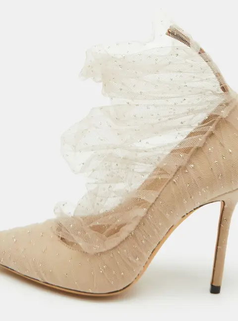 Jimmy Choo Lavish Size 37.5 Beige Mesh and Suede Pointed Toe Pumps