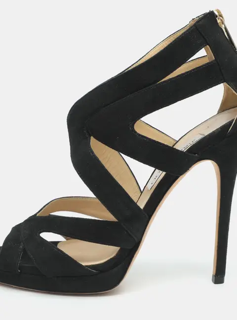 Jimmy Choo Collar Size 39 Metallic Black Glitter Suede Cutout Peep Toe Sandals