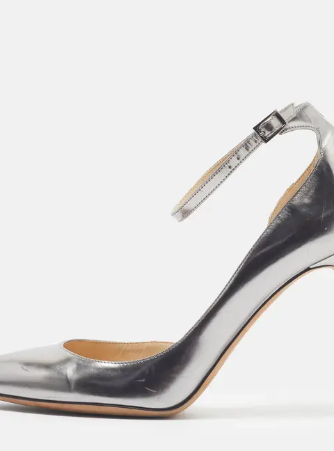 Jimmy Choo Lucy Size 37 Silver Leather Ankle Strap Pointed Toe D'orsay Pumps