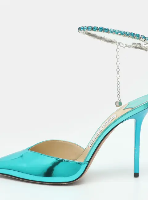 Jimmy Choo Saeda Size 38.5 Blue Patent Leather Crystal Pointed Toe Pumps