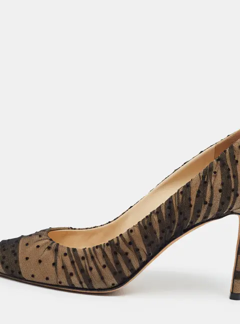 Jimmy Choo Romy Size 39 Black/Beige Polka Dot Mesh and Suede Pumps