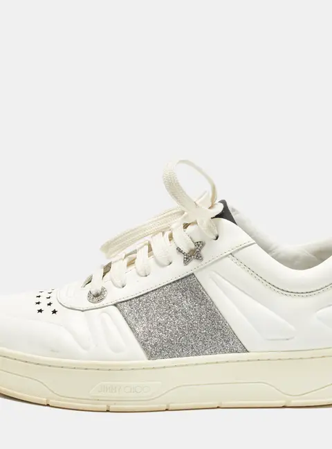Jimmy Choo Hawaii/F Size 38.5 White/Silver Glitter and Leather Low Top Sneakers
