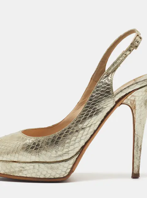 Jimmy Choo Size 37.5 Gold Python Embossed Leather Peep Toe Slingback Sandals