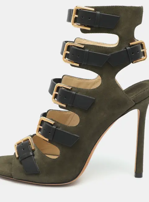 Jimmy Choo Size 36.5 Green/Black Suede and Leather Buckle Strappy  Sandals
