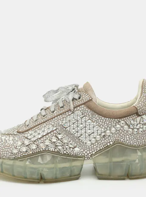 Jimmy Choo Diamond Size 40 Metallic Suede Crystal Embellished Low Top Sneakers