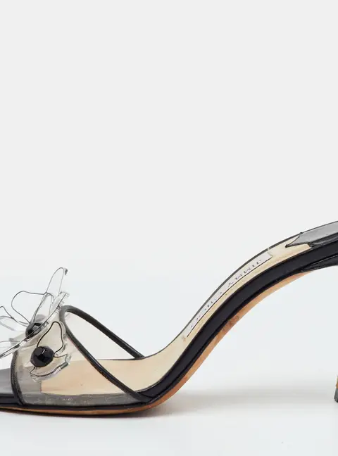 Jimmy Choo Size 35 Transparent/Black PVC and Leather Floral Embellished Slide Sandals