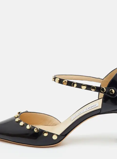 Jimmy Choo Leema Size 39 Black Patent Leather Studded Ankle Strap Pumps