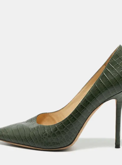 Jimmy Choo Romy Size 40.5 Green Croc Embossed Leather Pumps