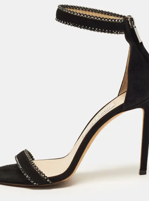 Jimmy Choo Size 39 Black Suede Crystal Embellished Ankle Strap Sandals