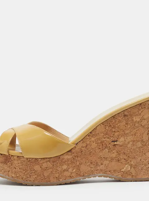 Jimmy Choo Size 42 Mustard Yellow Patent Leather Cork Wedge Platform Slide Sandals