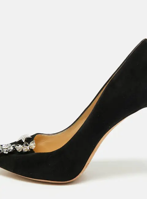 Jimmy Choo Jasmine Size 37.5 Black Suede Crystal Flora Embellished Pumps