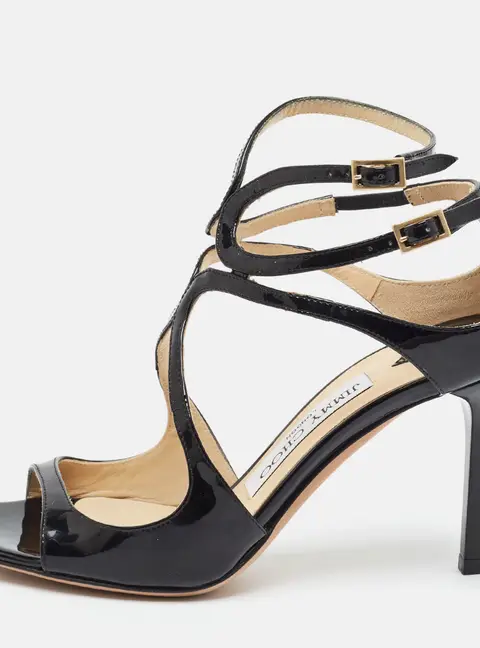 Jimmy Choo Ivette Size 35 Black Patent Leather Ankle Strap Sandals