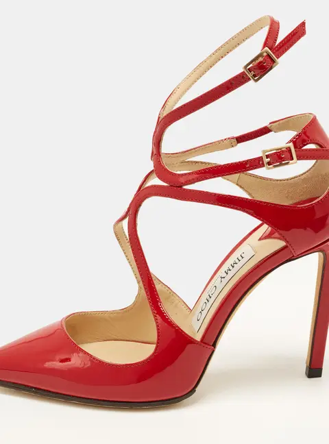 Jimmy Choo Lancer Size 35 Red Patent Leather Strappy Pumps