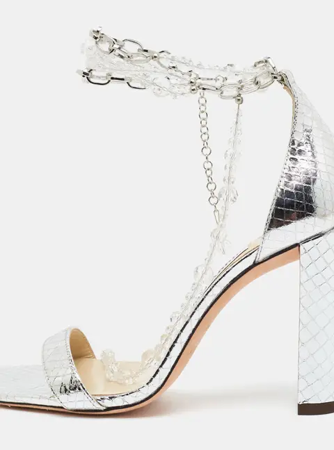 Jimmy Choo Neena Size 35 Silver Snakeskin Embossed Leather Ankle Strap Sandals