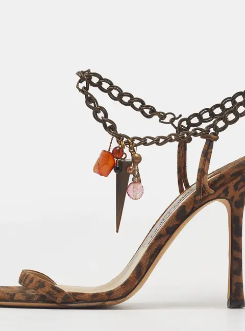 Jimmy Choo Size 37.5  Edin Brown Leopard Print Suede Charm Embellished Sandals