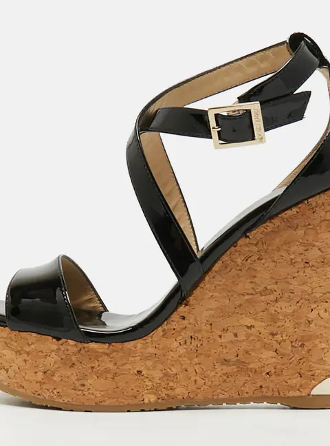 Jimmy Choo Portia Size 37.5 Black Patent Leather Wedge Sandals