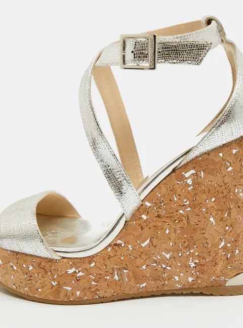 Jimmy Choo Aleili Size 38 Silver Texture Suede Wedge Sandals