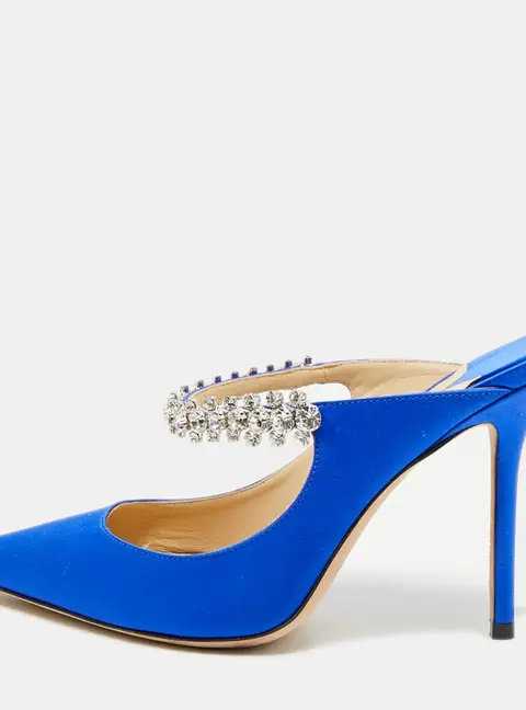 Jimmy Choo Bing 100 Size 37 Blue Satin Crystal Embellished Mules