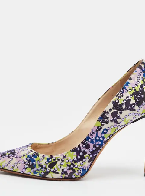 Jimmy Choo Romy Size 37 Multicolor Flora Print Satin Crystal Embellished Pumps