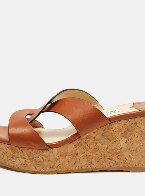 Jimmy Choo Atia Size 39.5 Brown Leather Cork Wedge Sandals