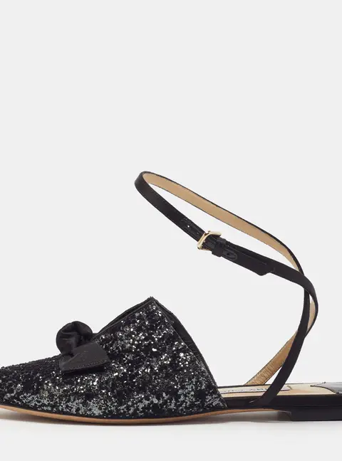 Jimmy Choo Size 38 Black Glitter and Satin Bow Knot Ankle Strap Flats