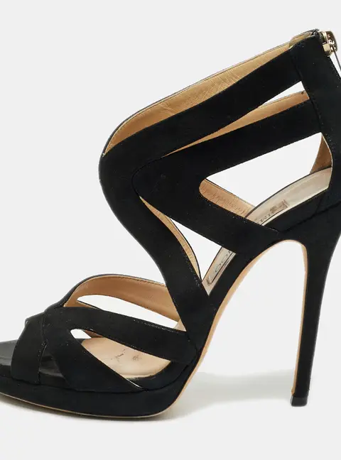Jimmy Choo Collar Size 38 Black Metallic Suede Cut-Out Strappy Sandals